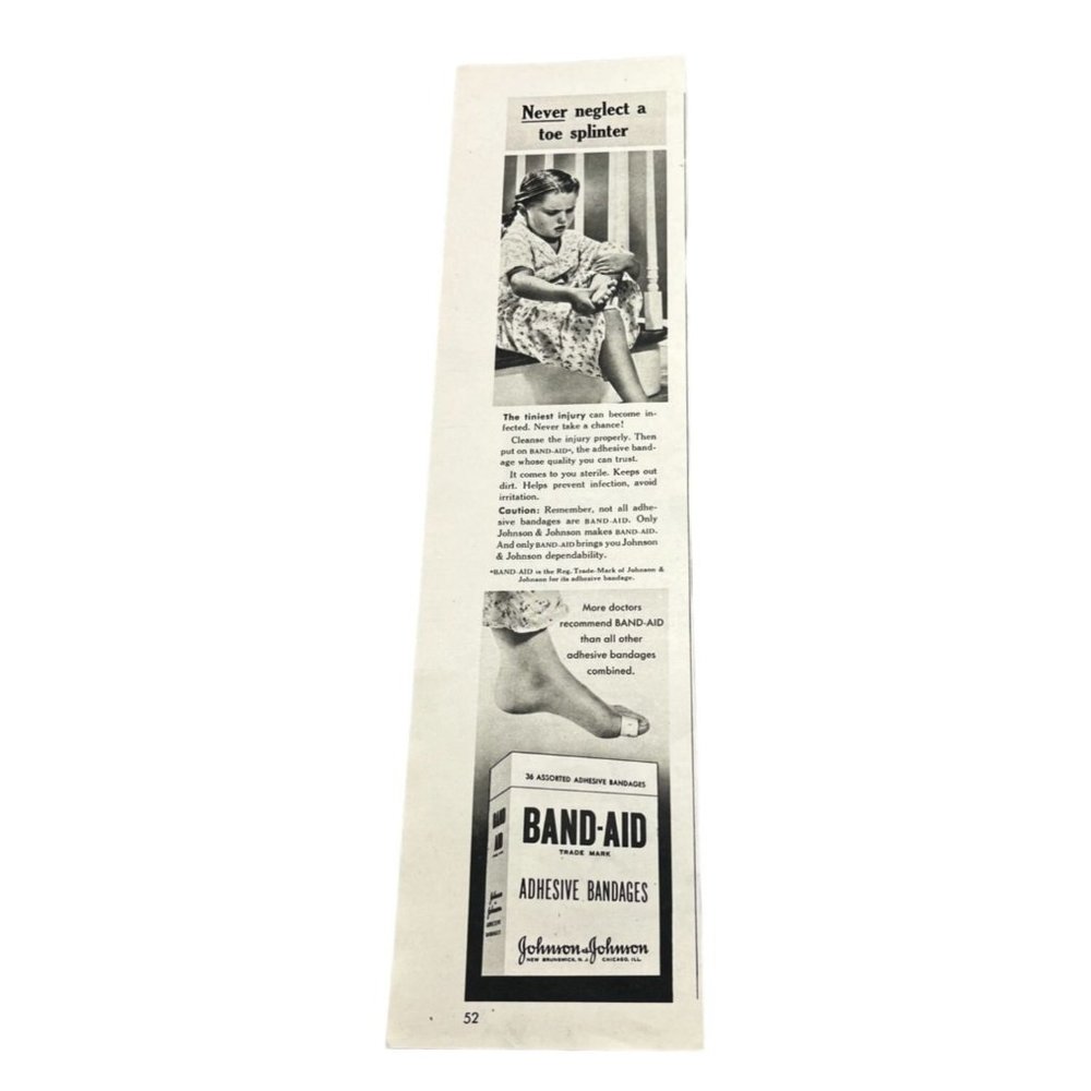 Vintage 1948 Johnson and Johnson Band-Aid Print Ad Never Neglect a Toe Splinter